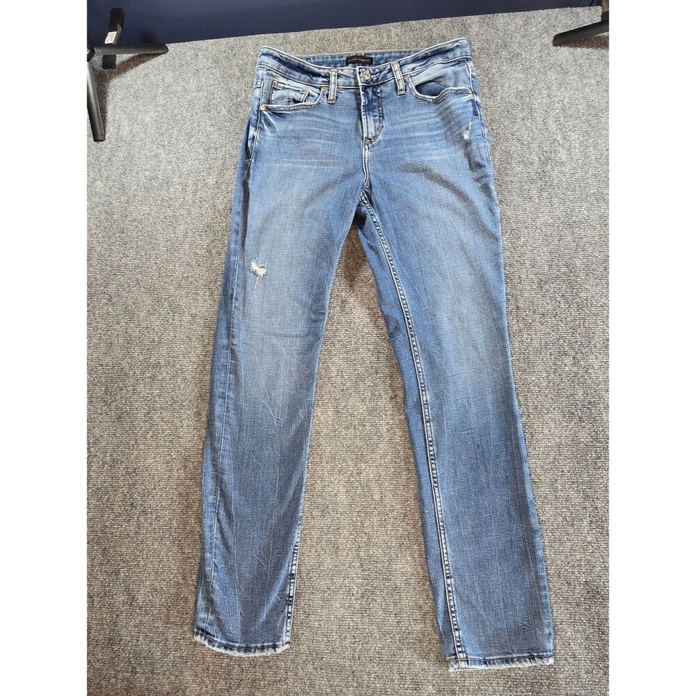 Silver Jeans Womens 27 Slim Straight Jeans Medium Wash Distressed Stretch Denim